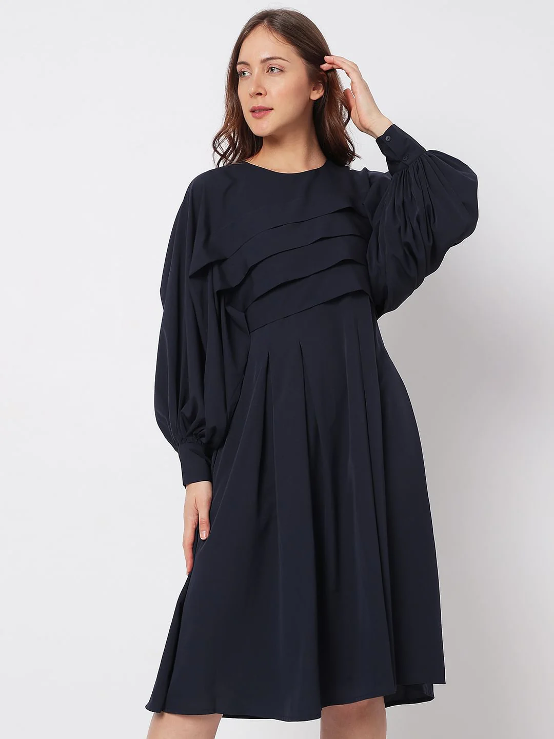 Navy Blue Pleated Shift Dress - Image 2