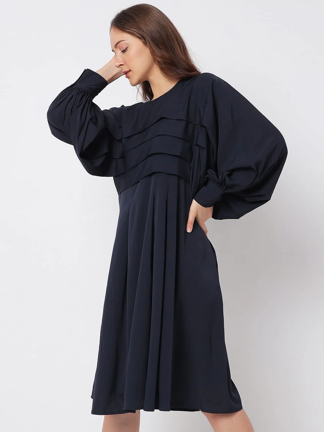 Navy Blue Pleated Shift Dress - Image 3