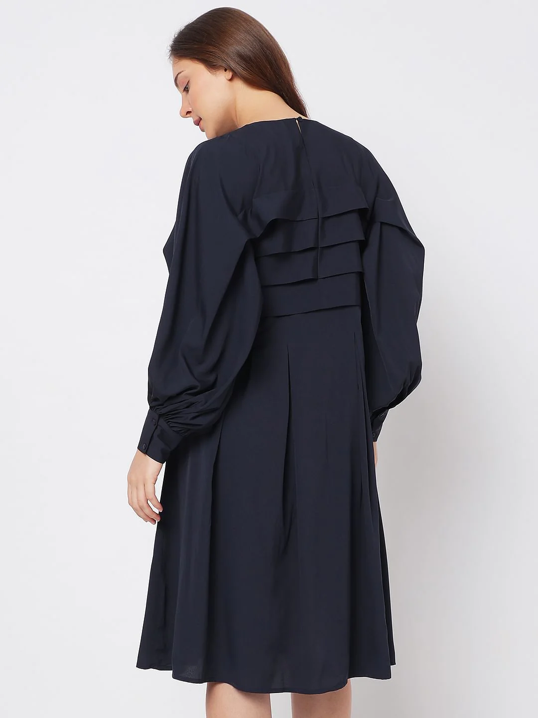 Navy Blue Pleated Shift Dress - Image 4