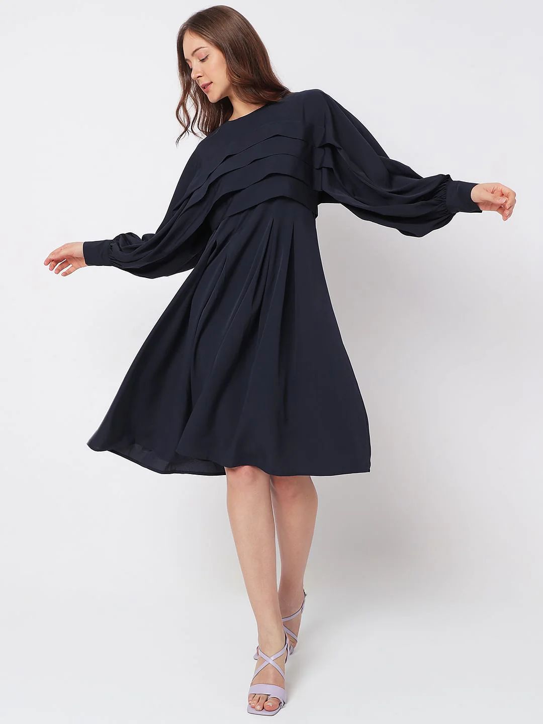 Navy Blue Pleated Shift Dress - Image 5
