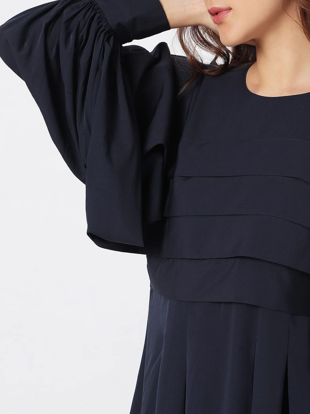 Navy Blue Pleated Shift Dress - Image 6