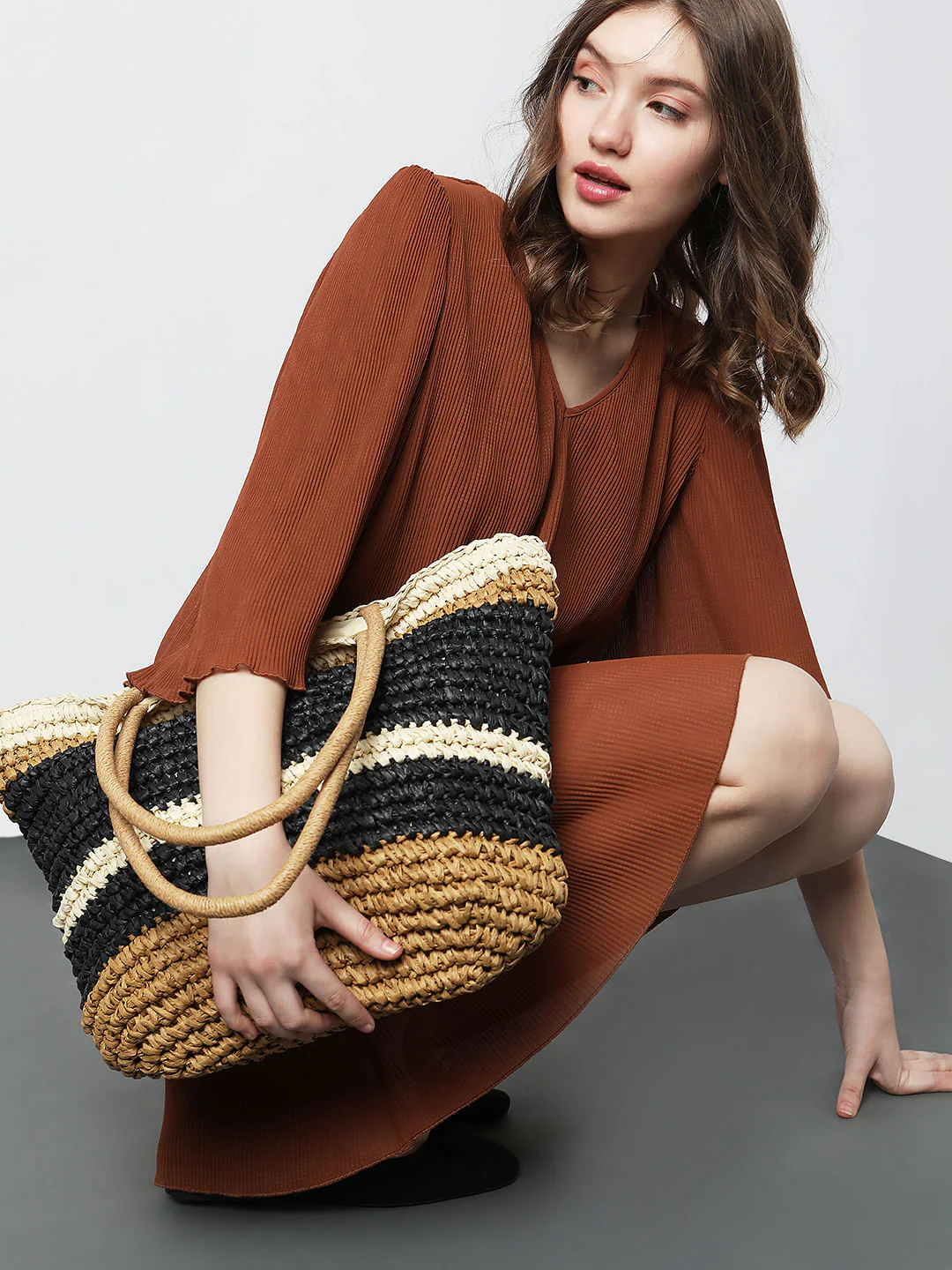 Tan Colourblocked Beach Tote Bag