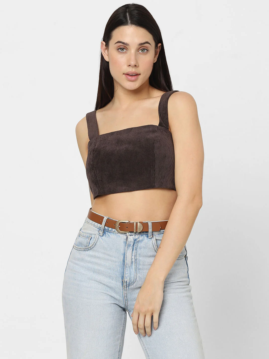 Dark Brown Corduroy Crop Top - Image 2
