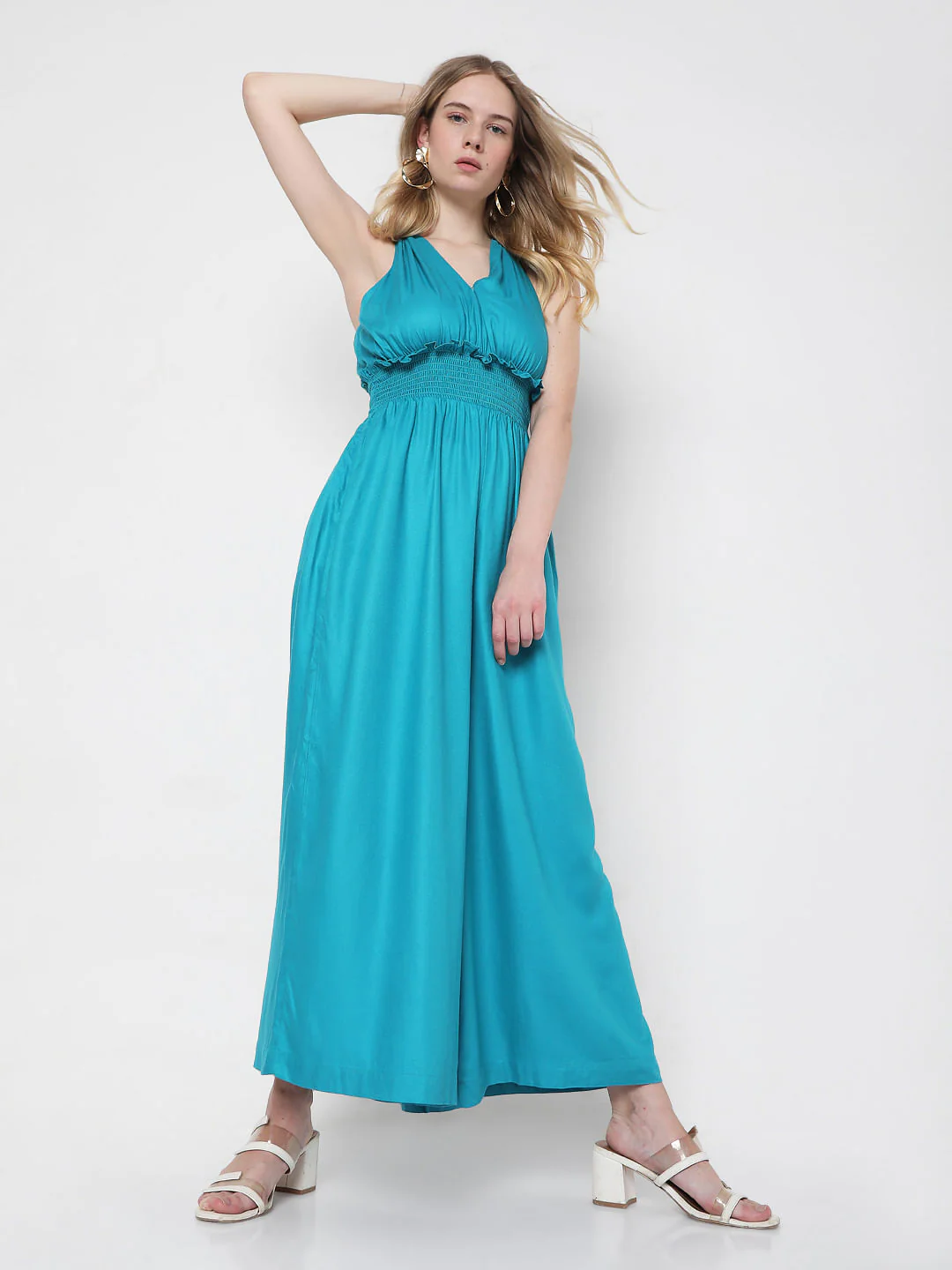 Blue Smocked Jumpsuit