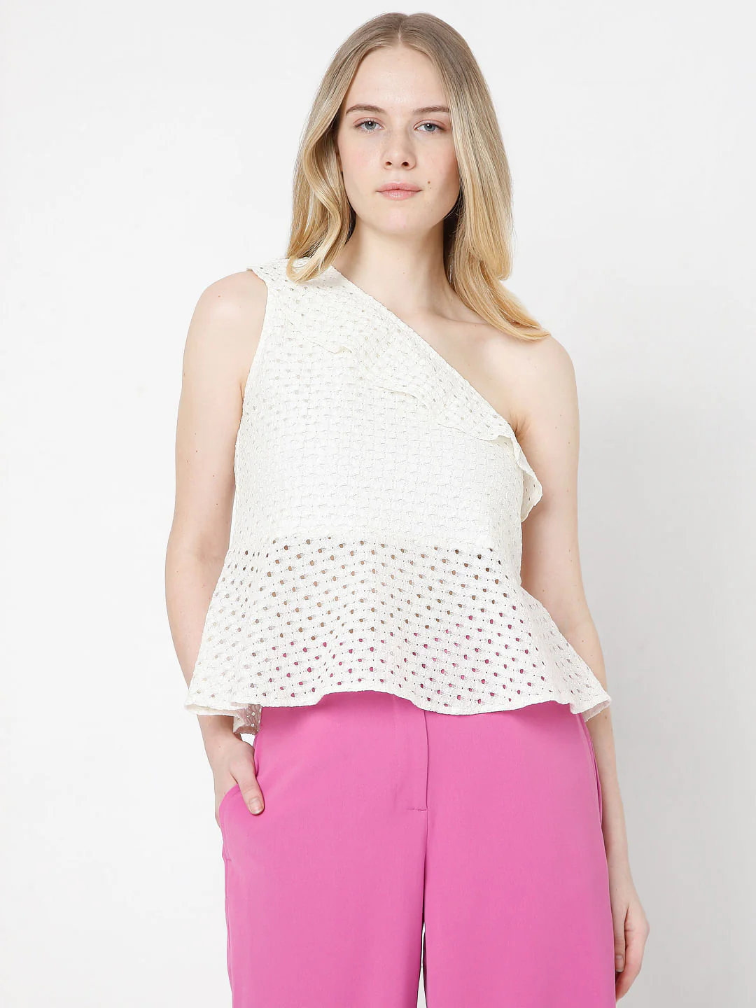 Beige Schiffli One Shoulder Top - Image 2