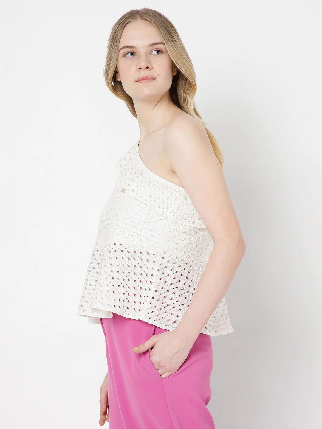 Beige Schiffli One Shoulder Top - Image 3