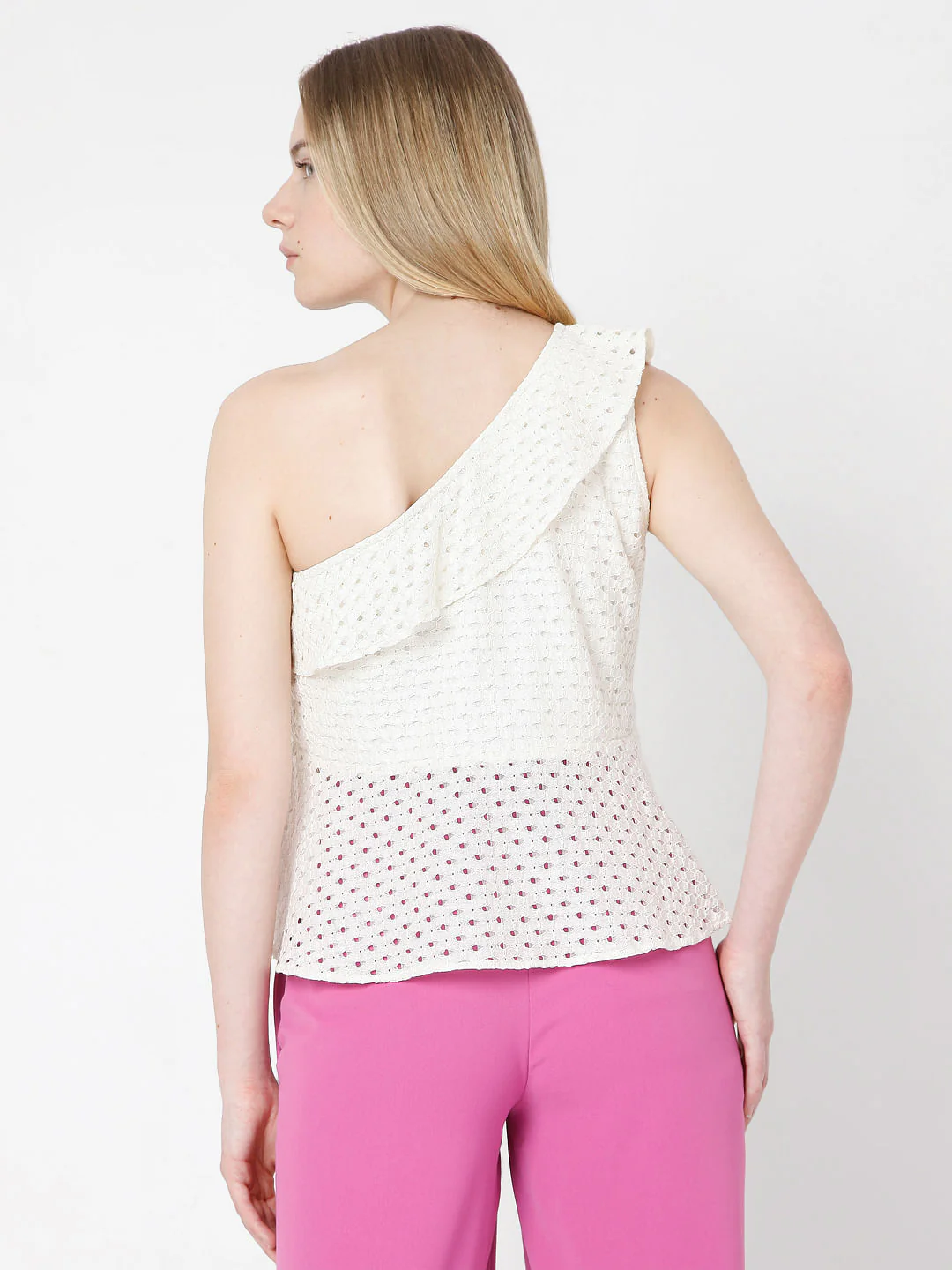 Beige Schiffli One Shoulder Top - Image 4