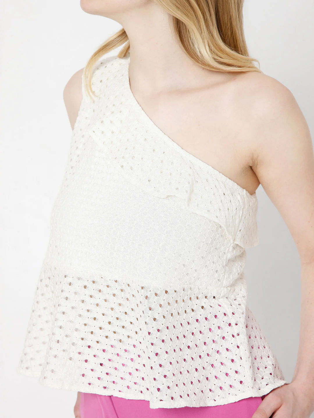 Beige Schiffli One Shoulder Top - Image 6