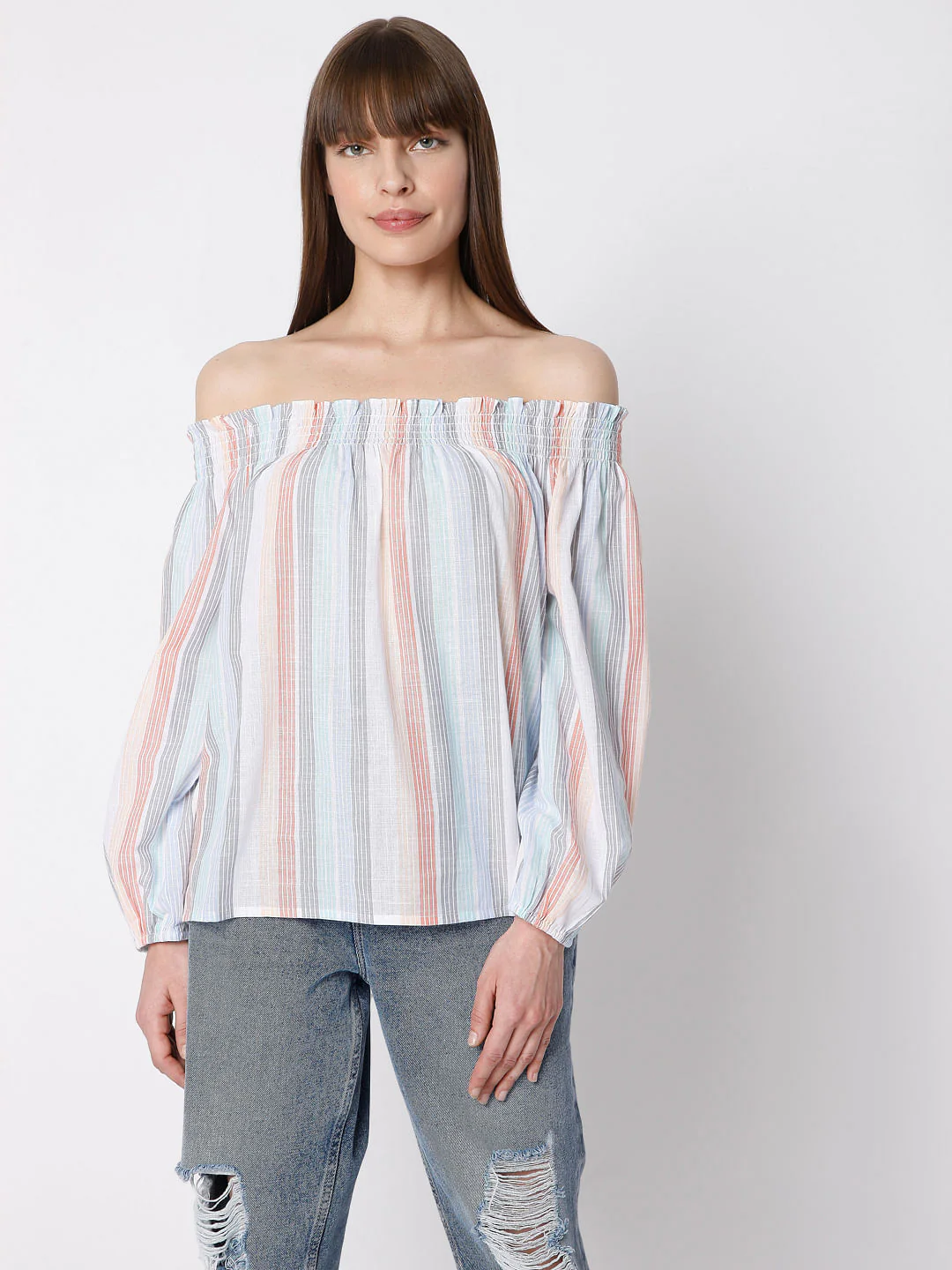 White Striped Off-Shoulder Top - Image 2