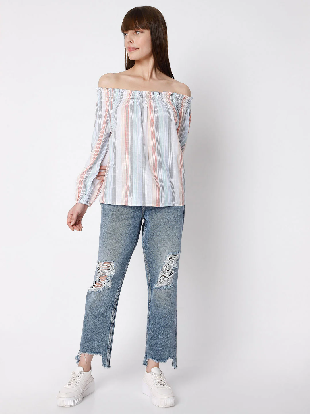 White Striped Off-Shoulder Top - Image 5