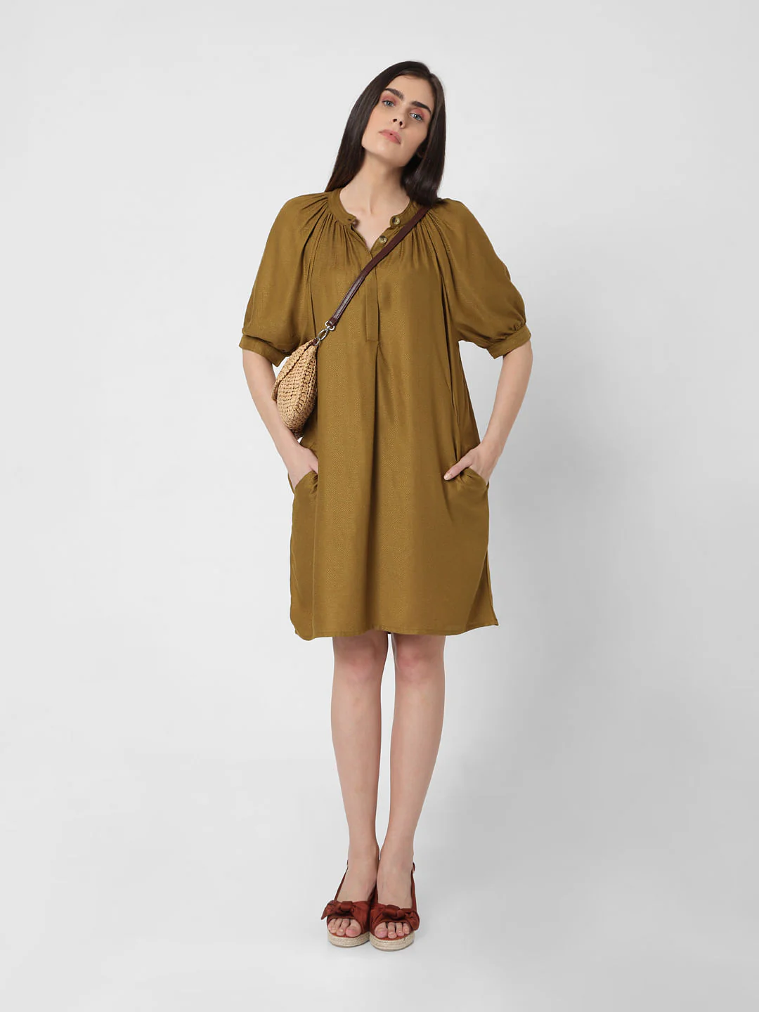 Ochre Puff Sleeves Shift Dress
