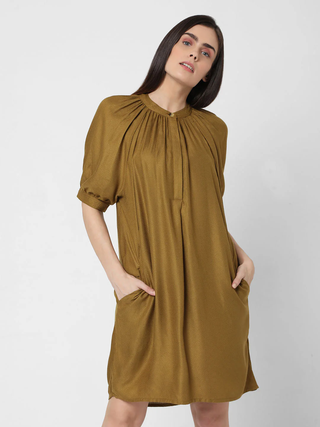 Ochre Puff Sleeves Shift Dress - Image 2