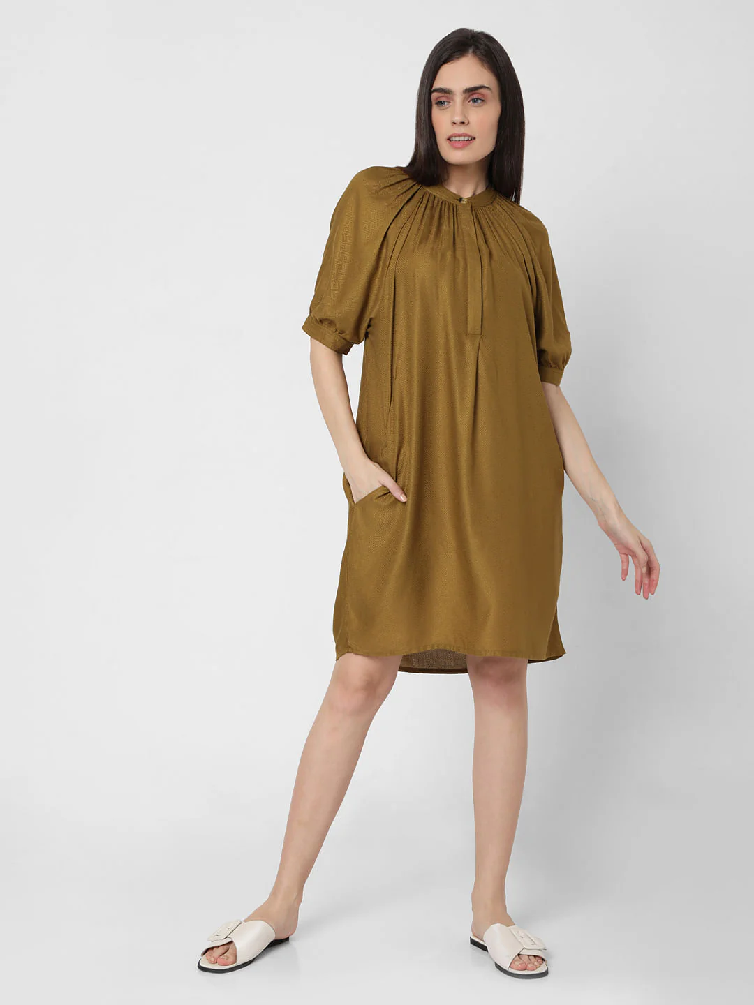 Ochre Puff Sleeves Shift Dress - Image 5