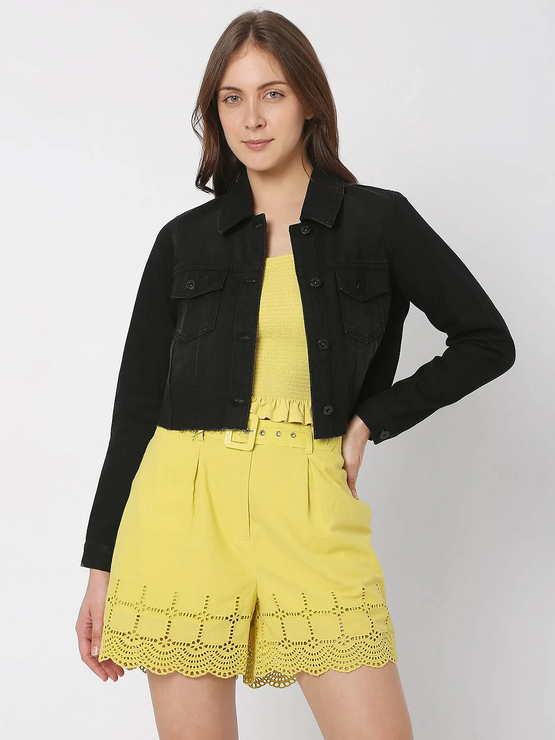 Black Cropped Denim Jacket - Image 2