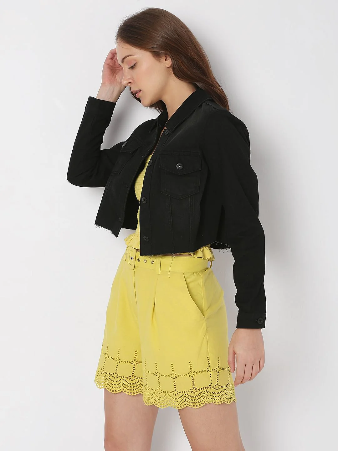 Black Cropped Denim Jacket - Image 3