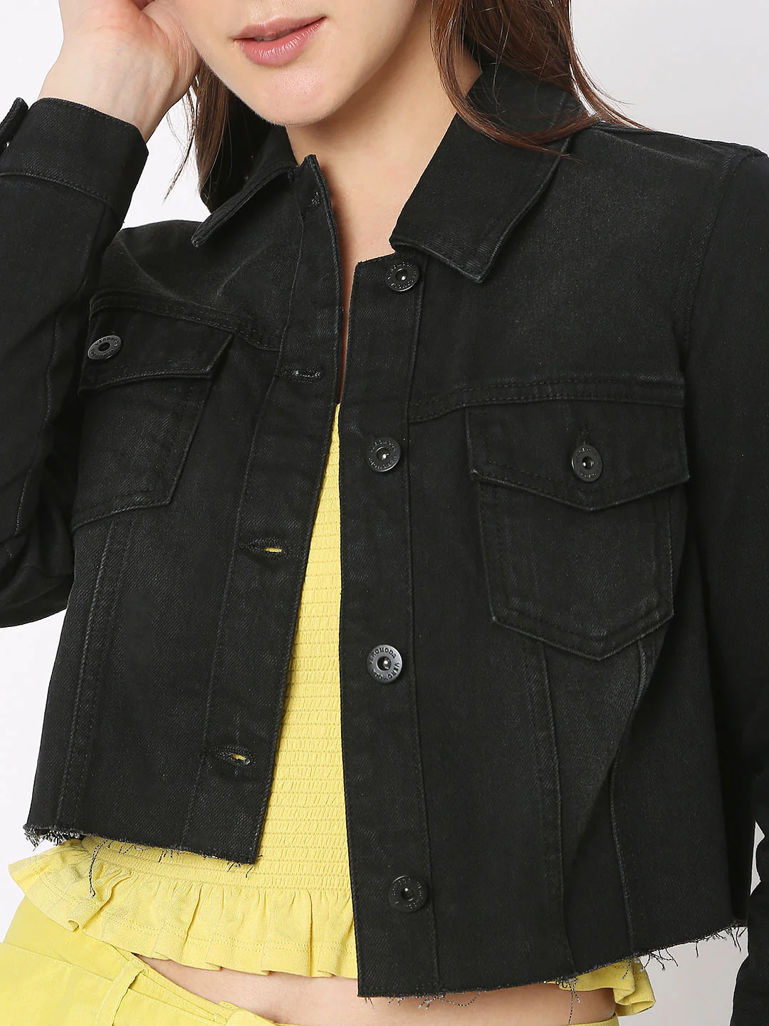 Black Cropped Denim Jacket - Image 6