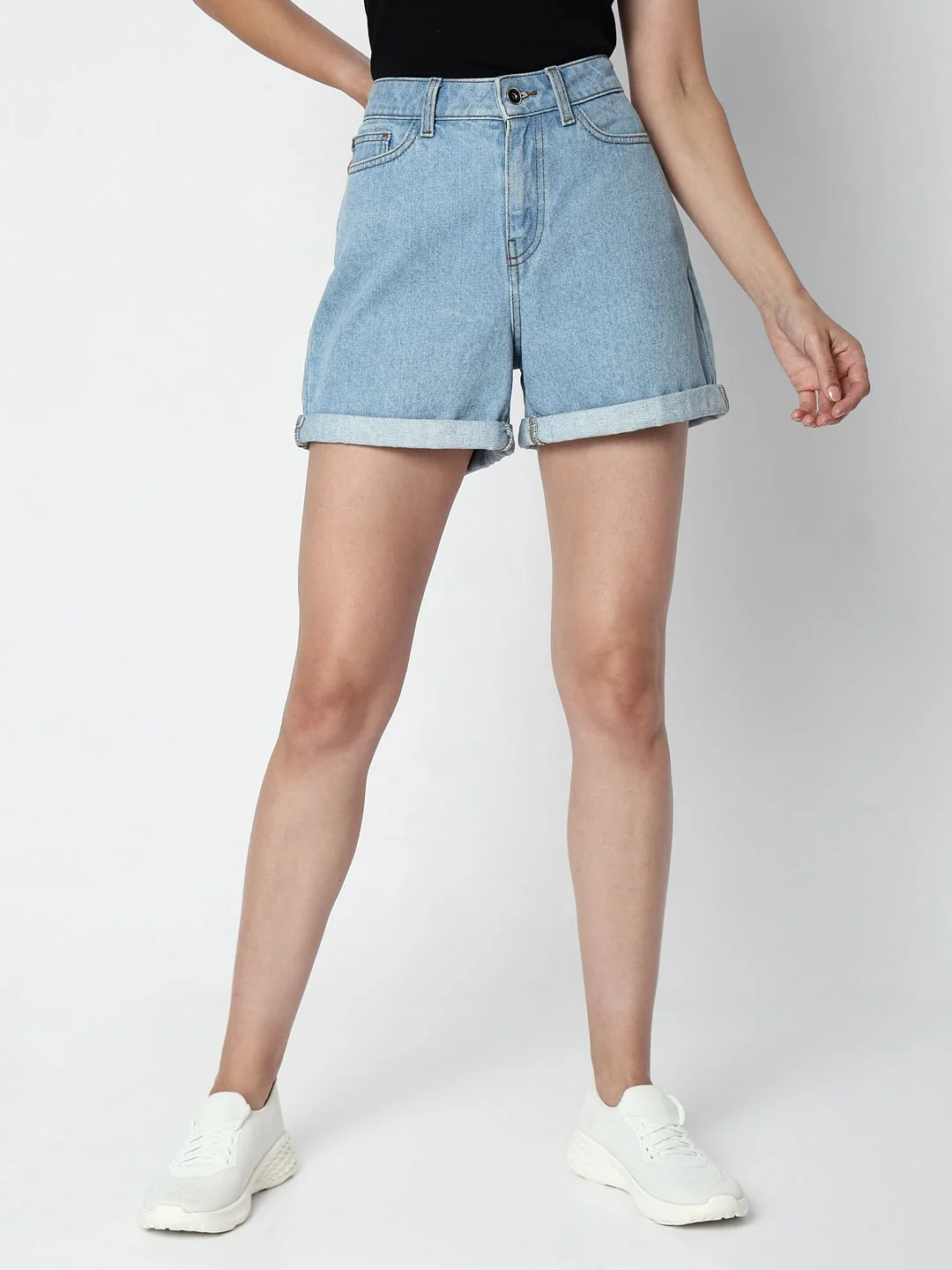 Light Blue Mid Rise Denim Shorts - Image 2