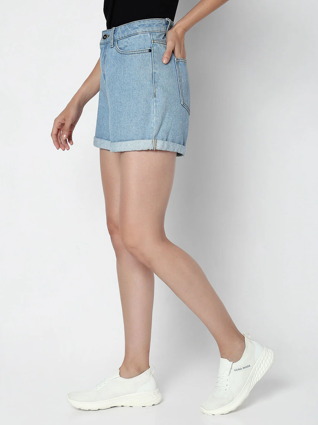 Light Blue Mid Rise Denim Shorts - Image 3
