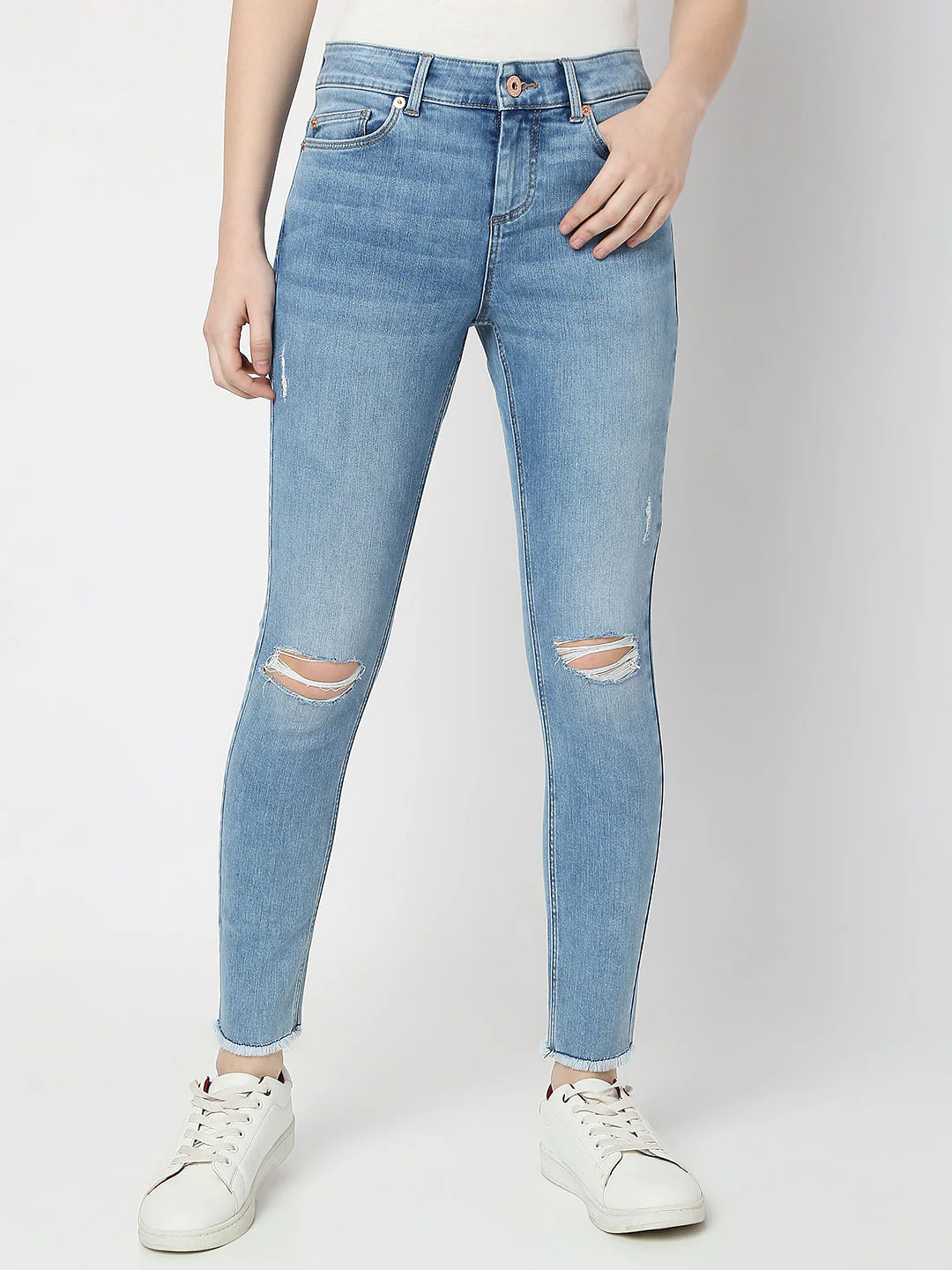 Light Blue Mid Rise Distressed Wendy Skinny Jeans - Image 2