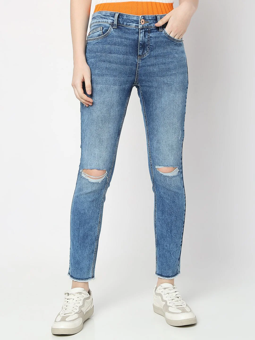 Blue Mid Rise Distressed Wendy Skinny Jeans - Image 2