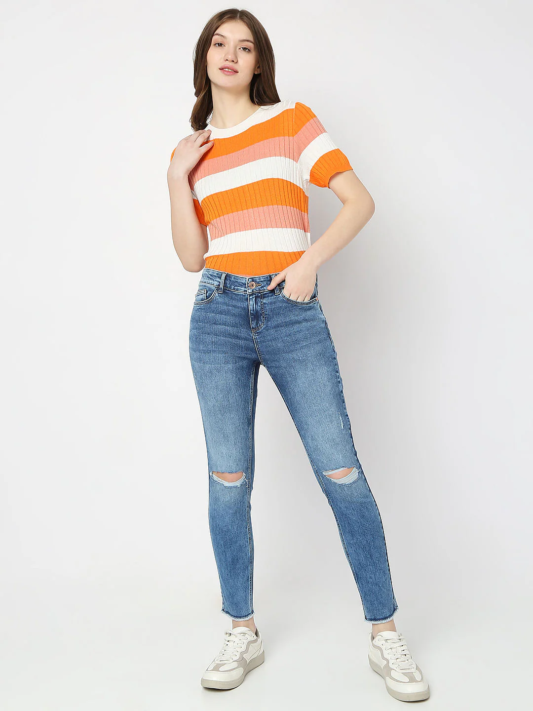 Blue Mid Rise Distressed Wendy Skinny Jeans - Image 6