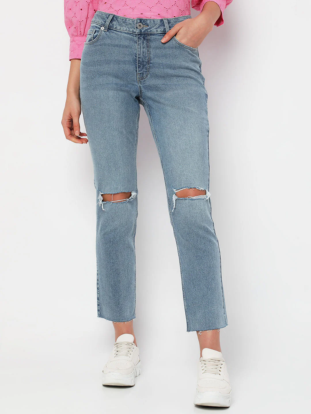 Blue Mid Rise Distressed Jade Straight Fit Jeans - Image 2