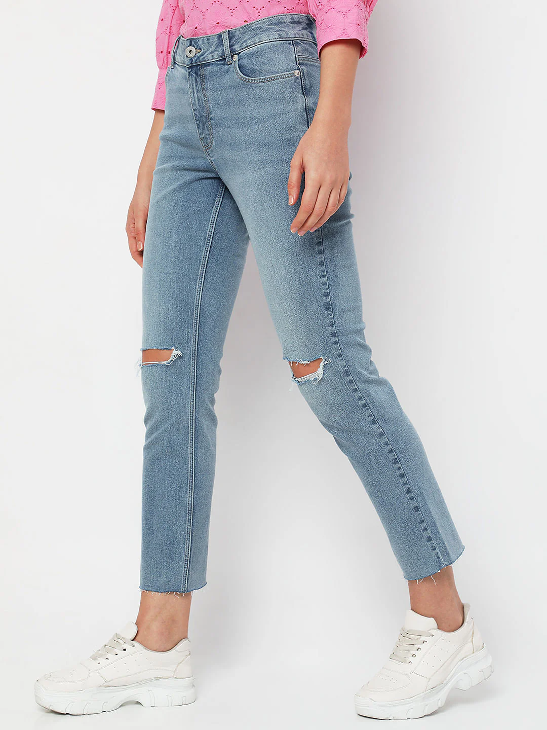 Blue Mid Rise Distressed Jade Straight Fit Jeans - Image 3