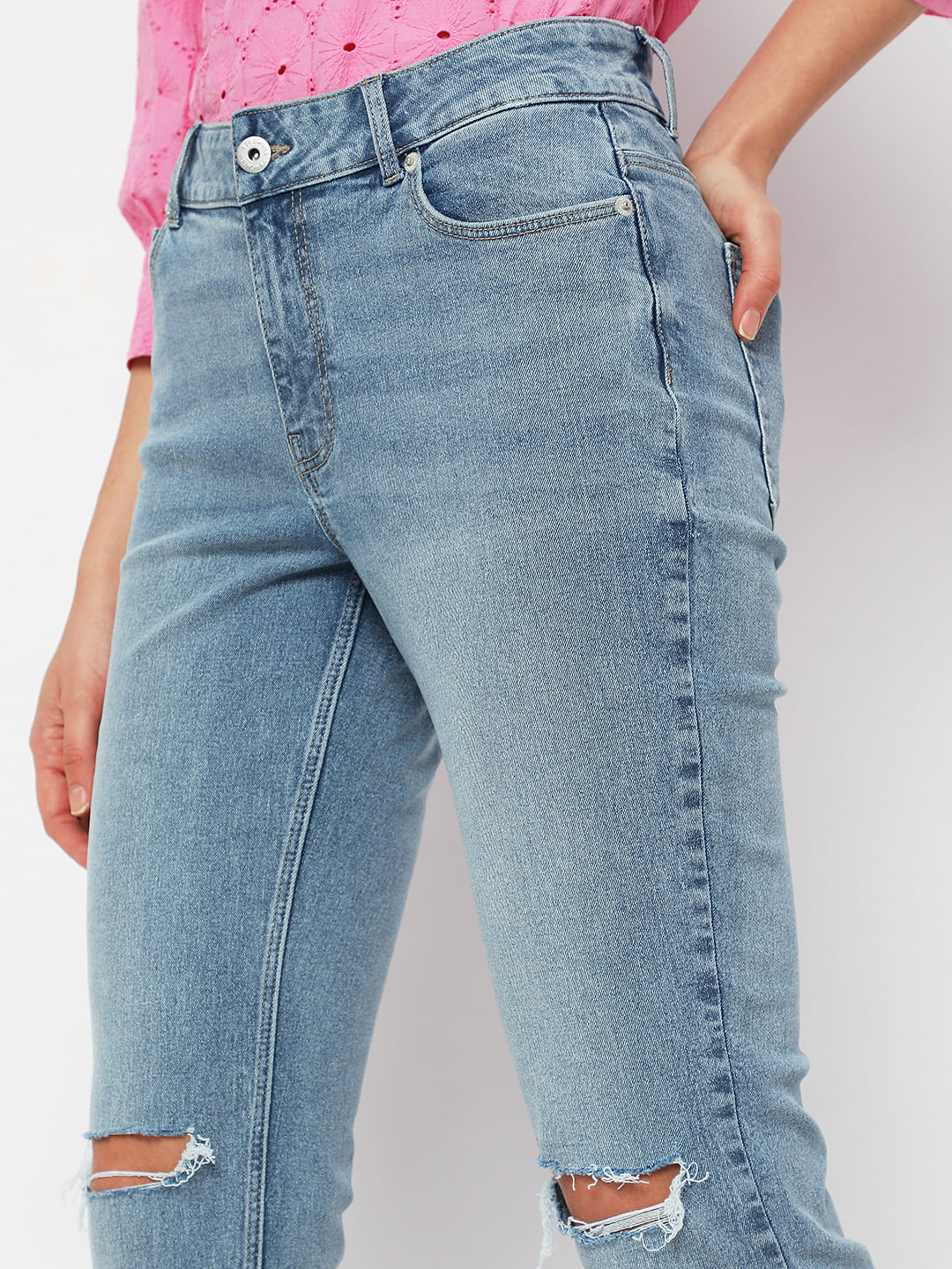 Blue Mid Rise Distressed Jade Straight Fit Jeans - Image 5