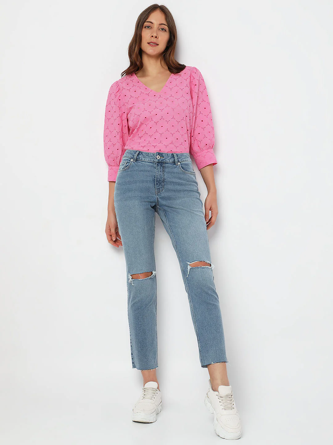 Blue Mid Rise Distressed Jade Straight Fit Jeans - Image 6