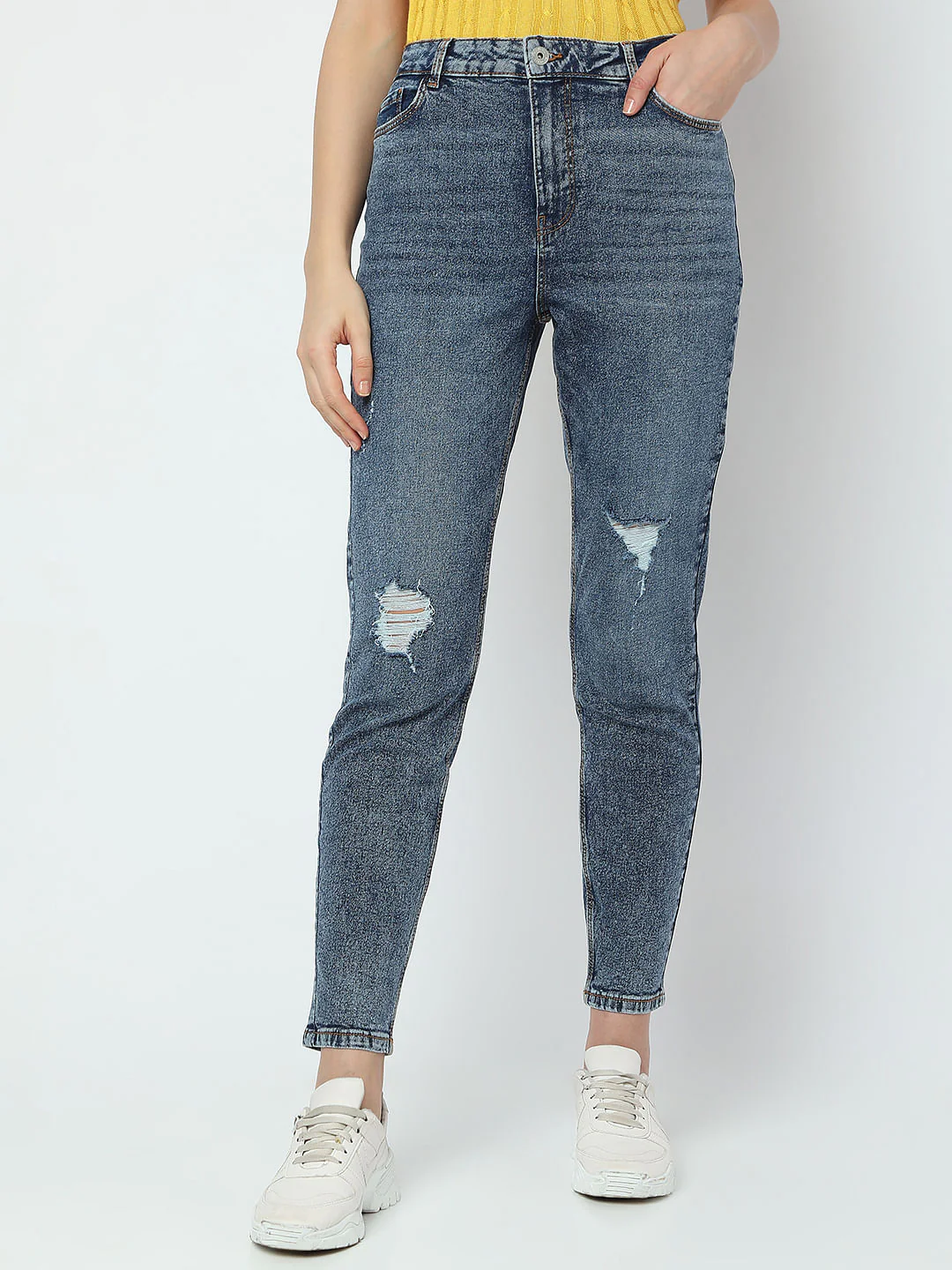 Blue High Rise Distressed Mom Fit Jeans - Image 2