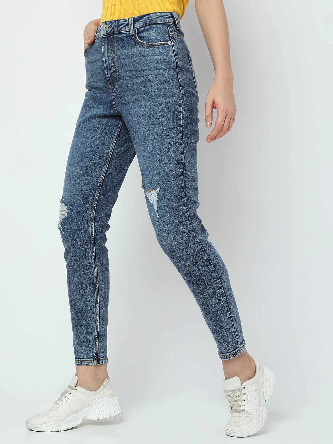 Blue High Rise Distressed Mom Fit Jeans - Image 3
