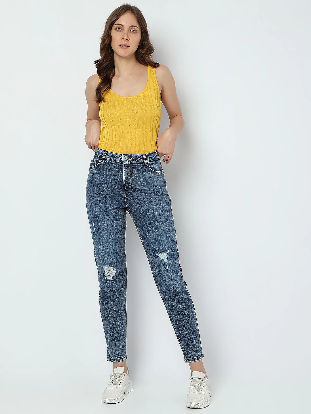 Blue High Rise Distressed Mom Fit Jeans - Image 6