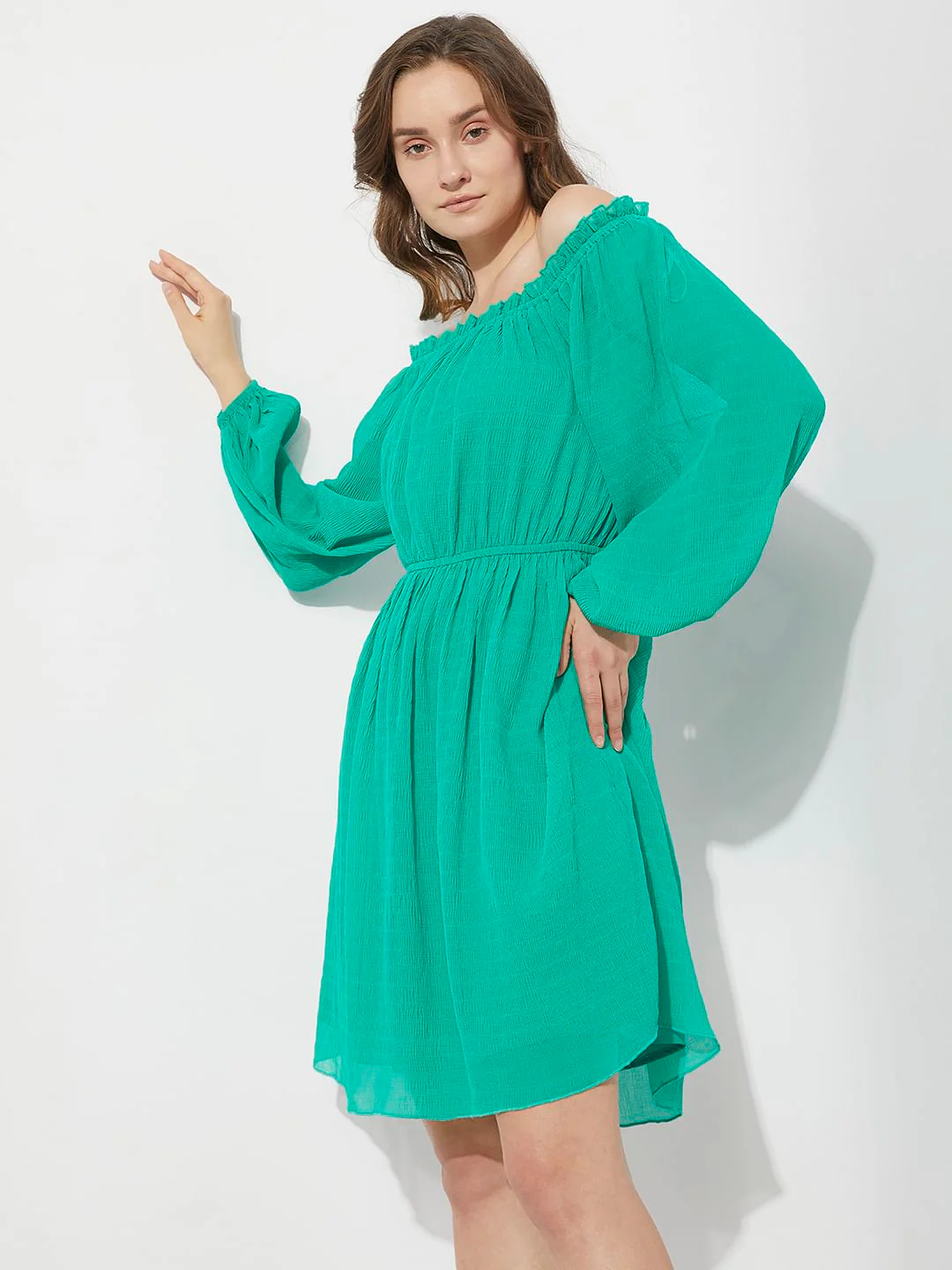 Green Off-Shoulder Fit & Flare Dress - Image 3