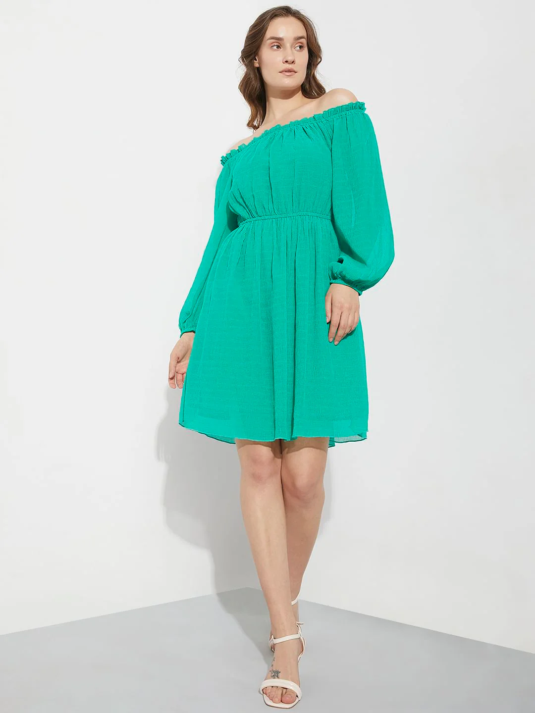 Green Off-Shoulder Fit & Flare Dress - Image 5