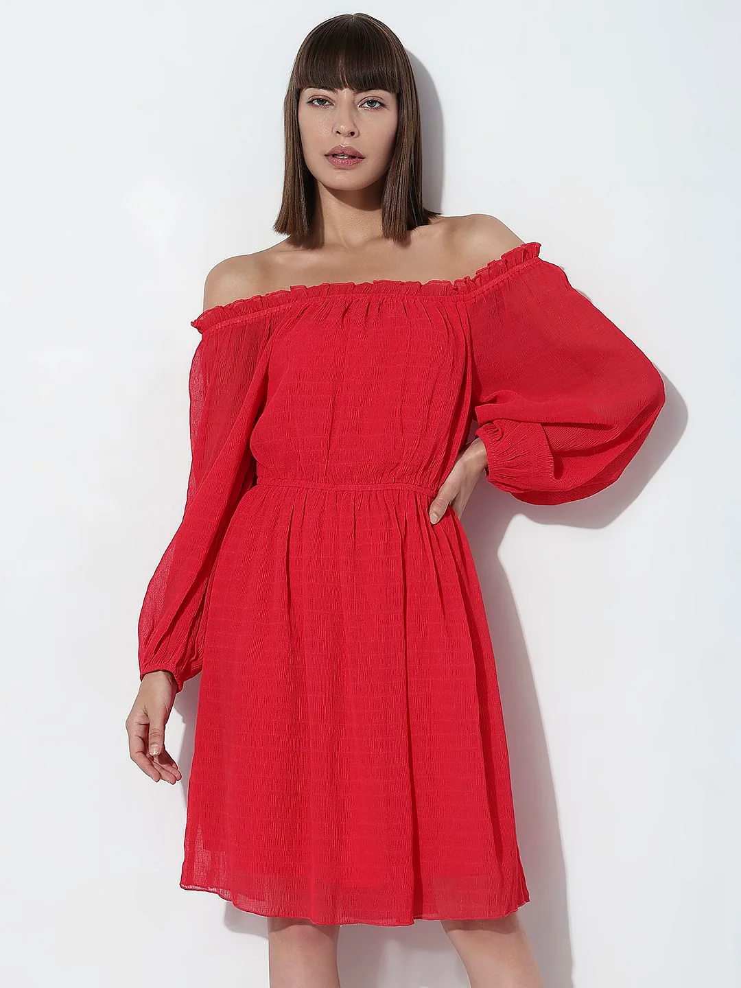 Dark Pink Off-Shoulder Fit & Flare Dress - Image 2