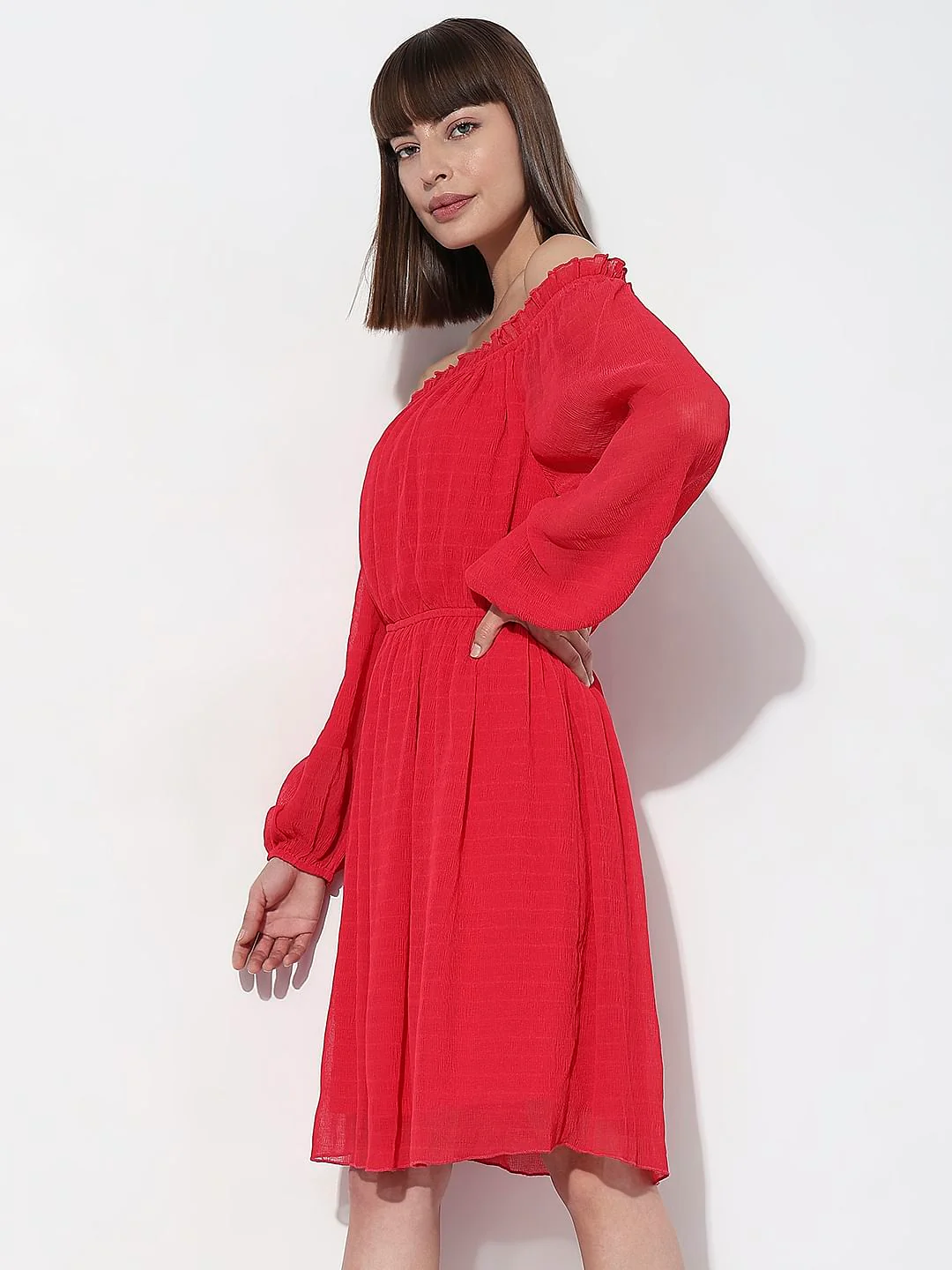 Dark Pink Off-Shoulder Fit & Flare Dress - Image 3