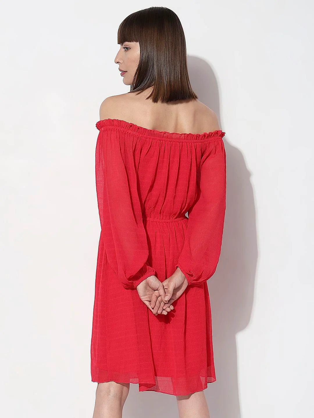 Dark Pink Off-Shoulder Fit & Flare Dress - Image 4