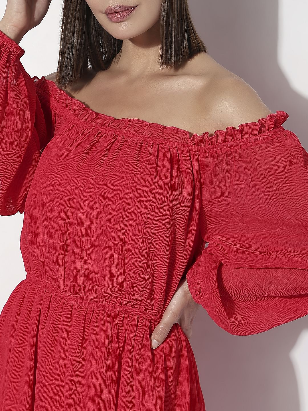 Dark Pink Off-Shoulder Fit & Flare Dress - Image 6