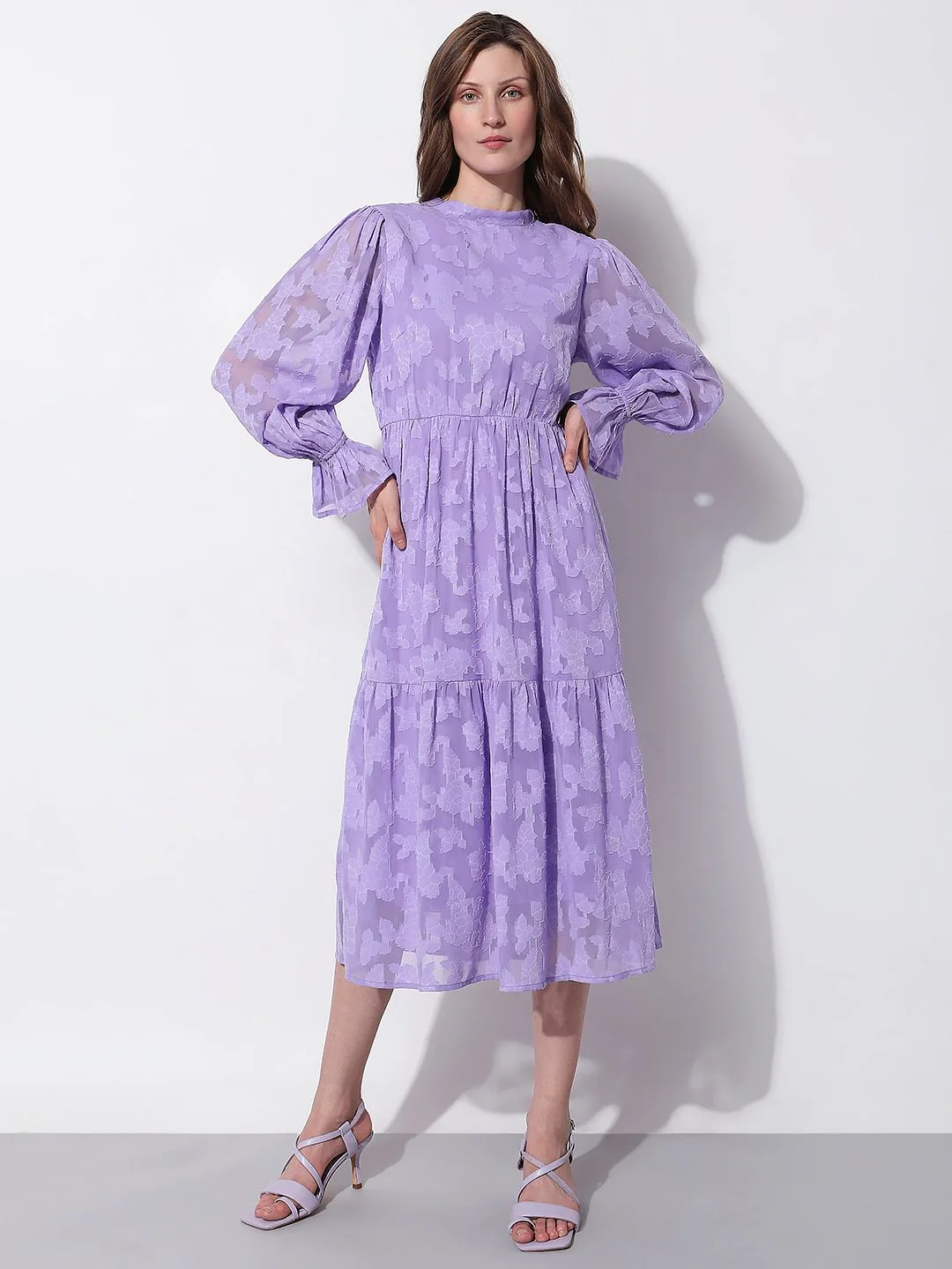 Purple Floral Textured Midi Dress - Image 2