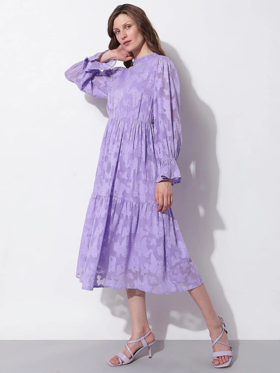 Purple Floral Textured Midi Dress - Image 3