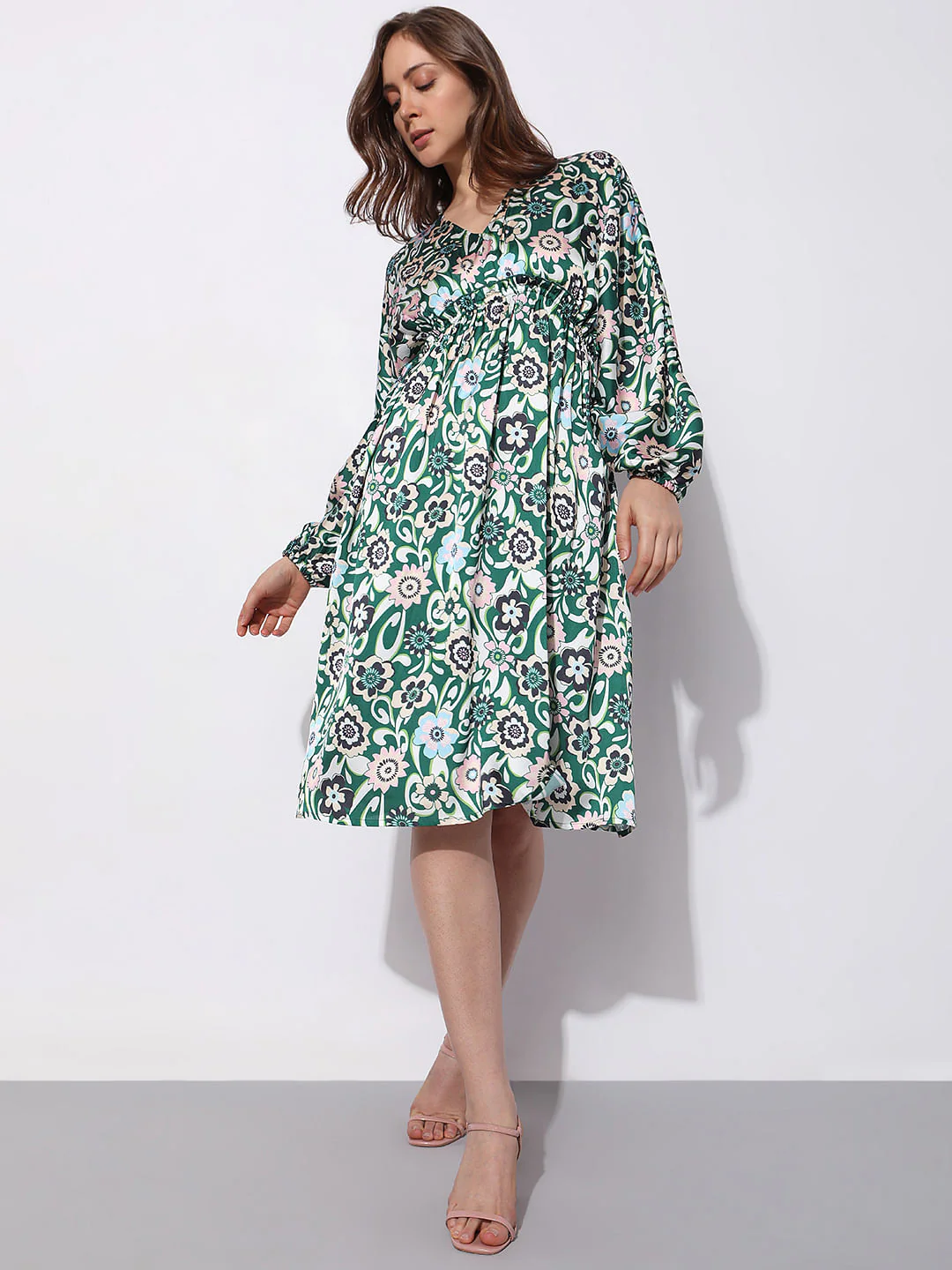 Green Floral Print Fit & Flare Dress - Image 2