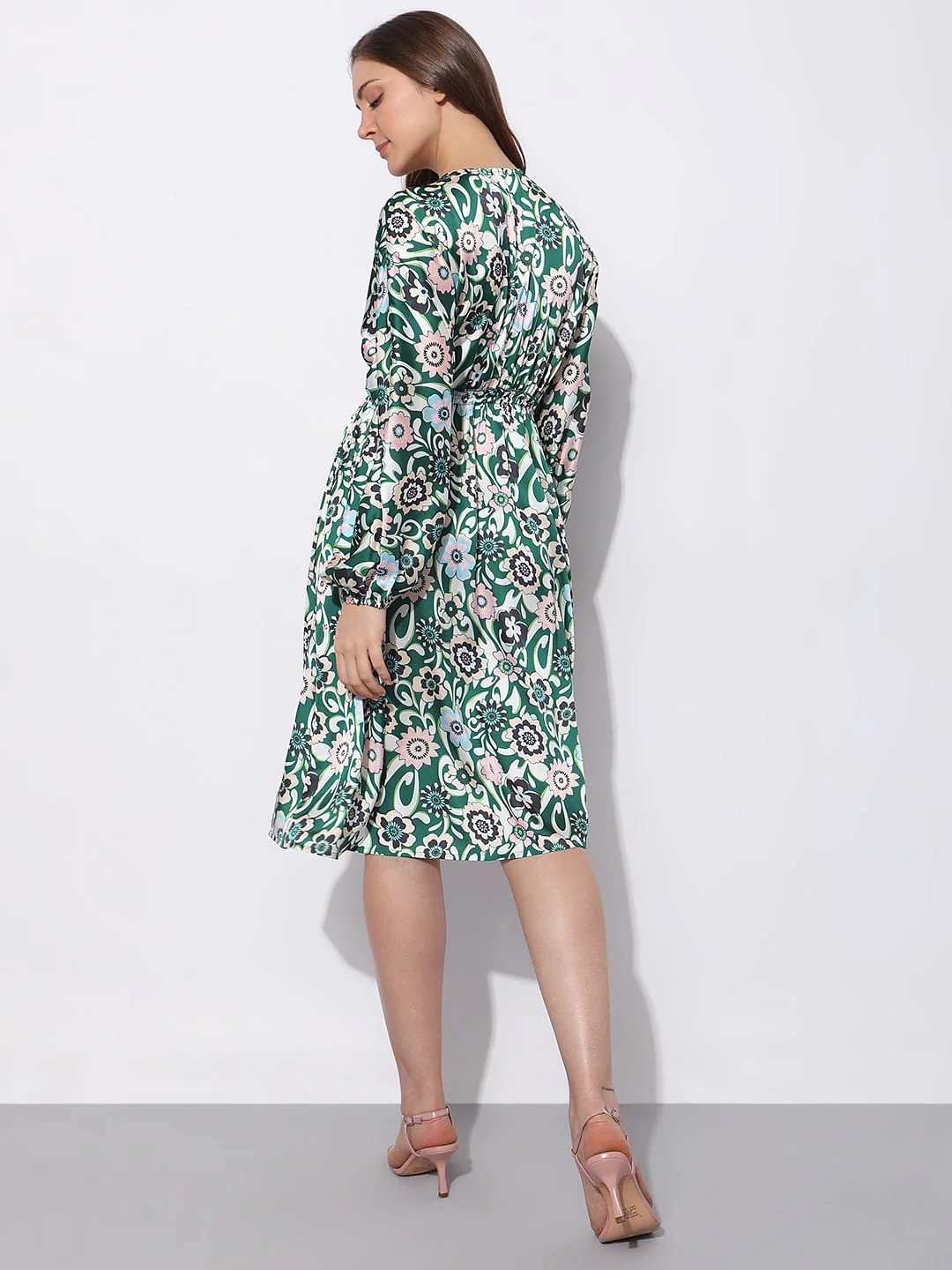 Green Floral Print Fit & Flare Dress - Image 4
