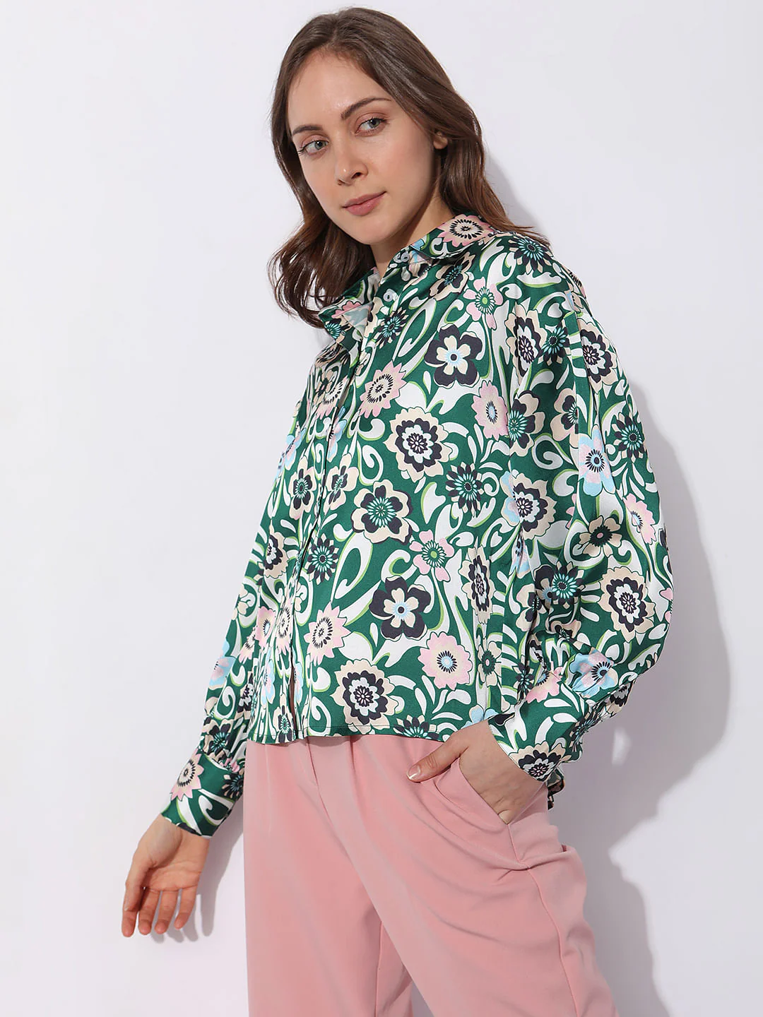 Green Abstract Print Satin Shirt - Image 3