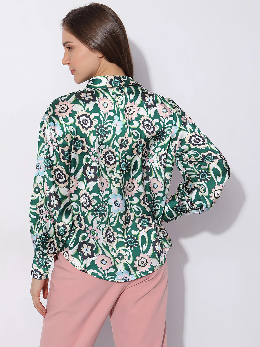 Green Abstract Print Satin Shirt - Image 4