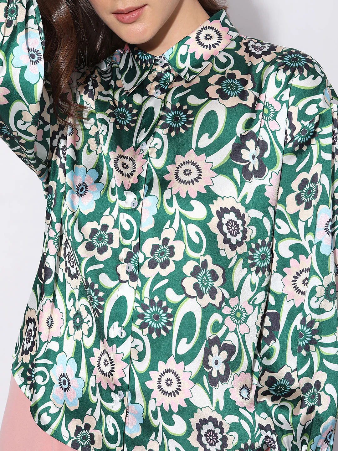 Green Abstract Print Satin Shirt - Image 6