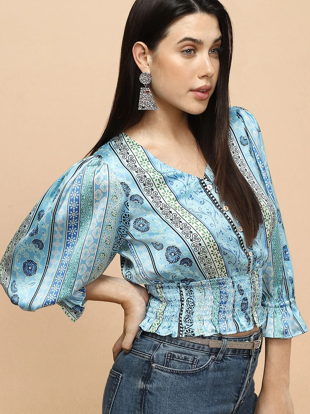 Blue Printed Smocked Top