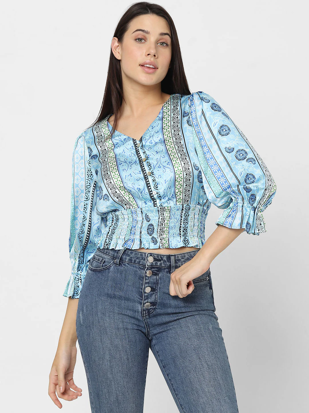 Blue Printed Smocked Top - Image 2