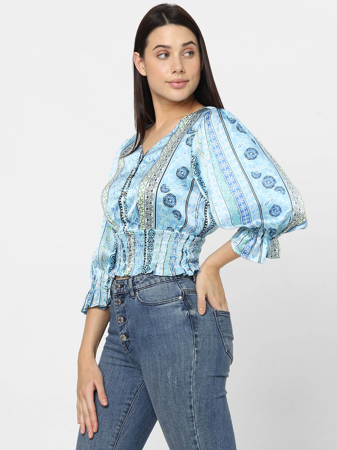 Blue Printed Smocked Top - Image 3