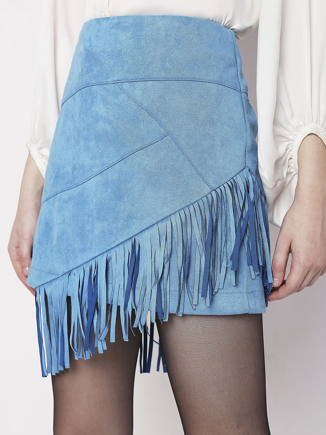 Blue High Rise Fringe Detail Co-Ord Set Skirt - Image 5
