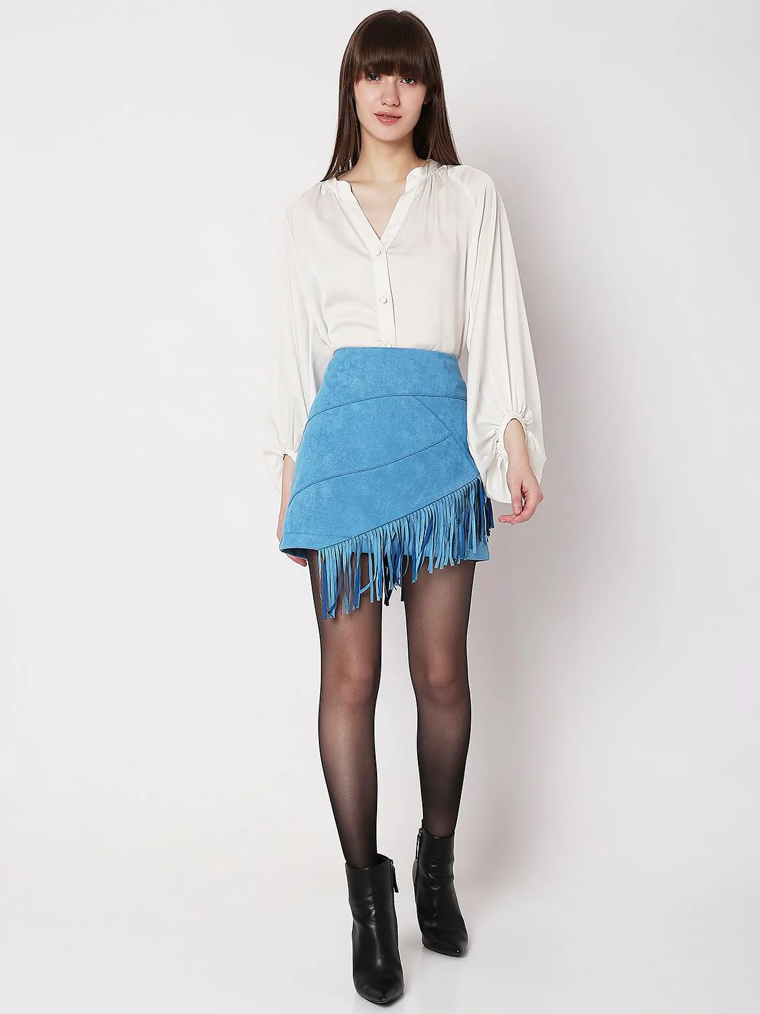 Blue High Rise Fringe Detail Co-Ord Set Skirt - Image 6